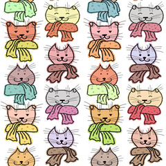 Seamless pattern of colored cats in scarves. Winter hand-drawn illustration with cute kittens on a white background. For printing, fabric, postcards, children's.