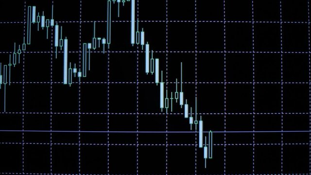 Online exchange trading. Forex currency trading. On a black background, Japanese candlesticks at an accelerated pace show how the rate of a traded position has changed. Confrontation bulls and bears