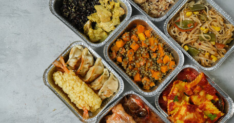 Takeout coronavirus food. Different aluminium lunch box with ravioli, curry chicken rice, gyoza tempura, noodles vegetables, lentils with pumpkin. covid-19 takeaway  food delivery.