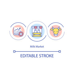 Milk market concept icon. Dairy cattle idea thin line illustration. Milk prices monitoring. Farming households. Dairy commodities. Vector isolated outline RGB color drawing. Editable stroke