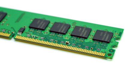 Close-up,computer RAM, system memory computer detail, high resolution, isolated on white background.