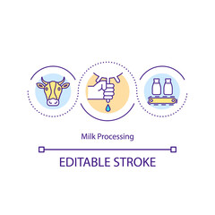 Milk processing concept icon. Dairy farm idea thin line illustration. Milk collection from cattle. Industrial processing. Pasteurization. Vector isolated outline RGB color drawing. Editable stroke