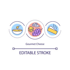 Gourmet cheese concept icon. Dairy product idea thin line illustration. Fondue. Cheese-tasting party. Condensed flavor. Cheddar cheese. Vector isolated outline RGB color drawing. Editable stroke