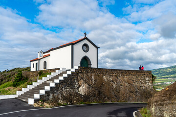 Azores, Island of Faial, Chapel of Nossa Senhora da Guia, built of the volcanic cone on Monte da...