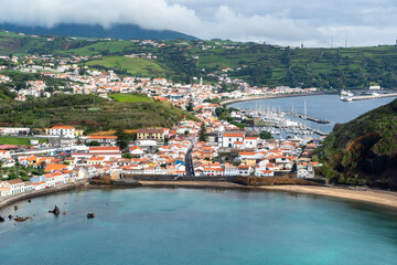 Azores, Island of Faial, view on the town of Horta and the port. 