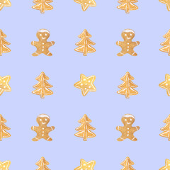 Festive Christmas seamless pattern set of gingerbread cookies in the shape of a person, Christmas tree, stars. Gouache and watercolor illustration for festive design.