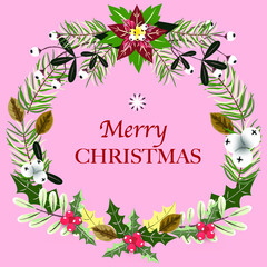 Beautiful Christmas wreath with holly plants and red poinsettia on pink background. 