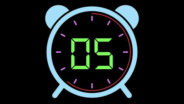 10 Second Countdown Timer Digital With Animated Alarm Clock. Numbers Ten To Zero - 10 To 0 On Black Background - 4K Ultra Animation
