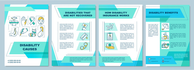 Disability causes brochure template. How disability insurance works. Flyer, booklet, leaflet print, cover design with linear icons. Vector layouts for magazines, annual reports, advertising posters