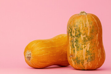 Orange pumpkin on pink background close up