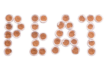 Word peat with peat tablets for seedlings isolated on white background