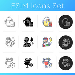 Traditional festive celebration icons set. Hot chocolate. Singing carols. Mulled wine. Christmas time. New Year holiday. Linear, black and RGB color styles. Isolated vector illustrations