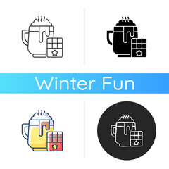 Hot chocolate icon. Warm coffee drink in mug. Sweet beverage with marshmallow. Latte with whipped cream. Cacao in cup. Linear black and RGB color styles. Isolated vector illustrations