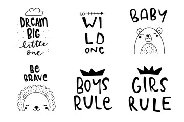 Set of Trendy childish print designs. Vector set of kids illustrations for poster, card, baby shower decoration.