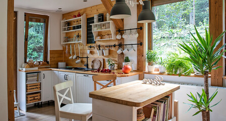 Interior of kitchen in vintage rustic style with wooden furniture in a cottage. Bright indoors in a...