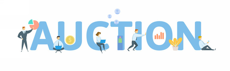 Auction. Concept with keyword, people and icons. Flat vector illustration. Isolated on white background.