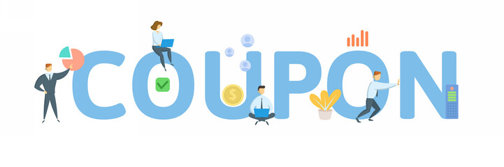 Coupon. Concept with keyword, people and icons. Flat vector illustration. Isolated on white background.