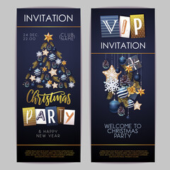 Merry Christmas and Happy New Year greeting card. Christmas holiday invitation with fir tree, snowflakes, glass balls, pine cones and stars