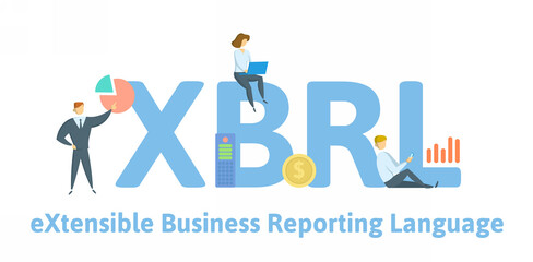 XBRL, eXtensible Business Reporting Language. Concept with keywords, people and icons. Flat vector illustration. Isolated on white background.