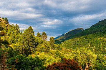 A picturesque landscape view of the French Alps mountains during sunset (Puget-Theniers, Alpes-Maritimes, France)