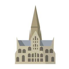 Fototapeta premium Salisbury Cathedral of virgin Mary. Gothic Church in England. Anglican religious building. Landmark of medieval city. Flat cartoon