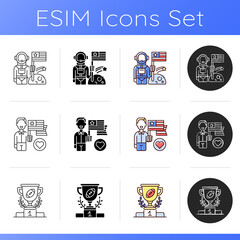 US icons set. Space exploration. Patriotism. Sport achievements. Human spaceflight. Pride and unity symbol. Medal-winning nation. Linear, black and RGB color styles. Isolated vector illustrations