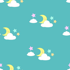 Baby dream seamless vector pattern, baby fabric pattern, kids background vector pattern, moon and stars