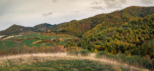 Autumnal landscape in Bologna hillside with woodland and cutivated field. Monte San Pietro, Bologna province, Emilia and Romagna, Italy. © GiorgioMorara