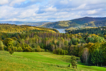 Lake Solinskie in the Bieszczady Mountains. Beautiful autumn landscape. Poland 