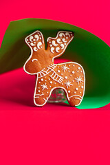 Fototapeta na wymiar gingerbread cake funny christmas cookie dessert biscuit sweets new year treat on the table tasty top view copy space for text food background