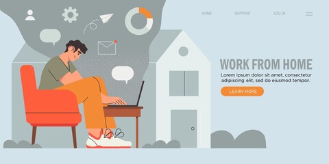 Young Business Man, Programmer, Creative Outsourced Employee Sitting on Chair Working on Laptop. Freelancer working at home. Creative banner, web site page. Home office, freelancing concept.