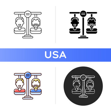 Equality land icon. American dream. Freedom opportunity. Democracy. Born free. Same rights, responsibilities and protections. Linear black and RGB color styles. Isolated vector illustrations