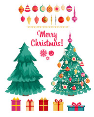 Collection of beautiful Christmas tree decorations isolated on white background vector illustration set. Balls, star, decor with icicles. Colored vector illustration in cartoon style.