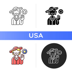 First lady icon. Political figure. Unofficial title. Husband presidency. Role in public service. White House hostess. Linear black and RGB color styles. Isolated vector illustrations