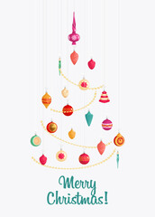 Christmas tree with decorations and gift boxes. Covered in snow. Merry Christmas and Happy New Year. Vector illustration