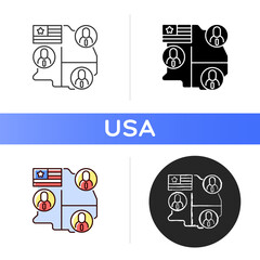 Electoral college icon. Presidential electors. Official votes for president and vice president. General election. Selection process. Linear black and RGB color styles. Isolated vector illustrations
