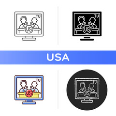 Televised debates icon. General election campaign. United States presidential debates. Political rivals. Broadcast live. Linear black and RGB color styles. Isolated vector illustrations