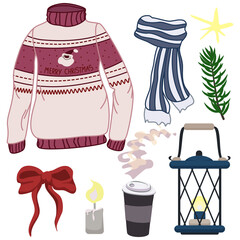 Vector set of winter holidays clip arts with christmas jumper with santa and text merry christmas, old fashioned lamp, fir tree branch, striped scarf, coffee cup, candle, red ribbon and stars