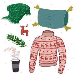 Vector set of cozy clip arts with men's sweater with deers, pillow with dots, red deer toy, fir tree branch, green plaid and coffee cup