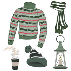 Cozy vector set of clip arts with men's green sweater, striped scarf, winter hat, old fashioned lantern, and coffee cup 