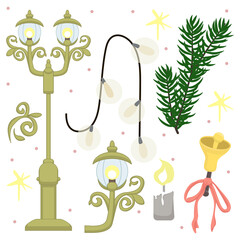 Vector set of vintage street lights, lanterns,  architectural elements, garland, candle, bell and fir tree branch