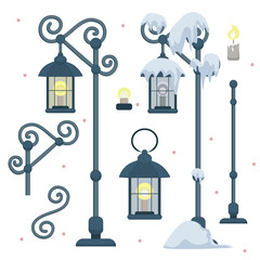 Vector set of vintage street lights, lanterns and architectural elements 