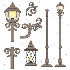Vector set of vintage street lights, lanterns and architectural elements, ornaments and dots on a background
