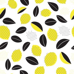 Seamless pattern with lemons and leaves on a white background.Decorative illustration, good for printing.
