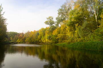 Fototapeta na wymiar Autumn river landscape with trees on the bank