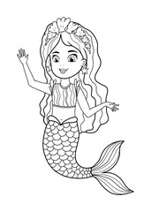 Little mermaid vector illustration. Cute girl with beautiful hair and a fish tail. Fairy tale character for kids coloring book with nice details. Cute little mermaid greetings, cover illustration