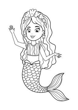 recommend clip art: Little mermaid vector illustration. Cute girl with beautiful hair and a fish tail. Fairy tale character for kids coloring book with nice details. Cute little mermaid greetings, cover illustration