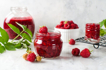 Homemade jam made from ground raspberries and sugar