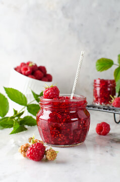 Homemade jam made from ground raspberries and sugar