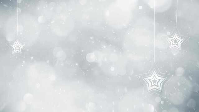 Beautiful bokeh with illustrated Xmas star shapes and lovely blurry snowflakes copy space animation background. 